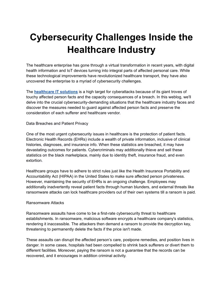cybersecurity challenges inside the healthcare