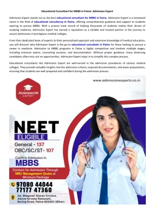 Educational Consultant for MBBS in Patna: Admission Expert