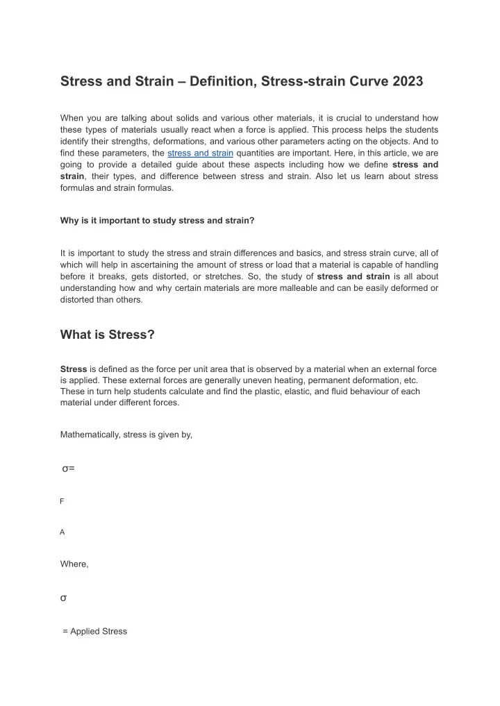 stress and strain definition stress strain curve