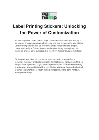 Premium Label Printing Stickers  | Printing Labels | OG Hemp