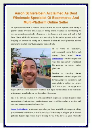 Aaron Schiefelbein Acclaimed As Best Wholesale Specialist Of Ecommerce And Multi-Platform Online Seller