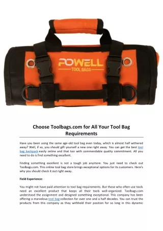 Choose Toolbags.com for All Your Tool Bag Requirements