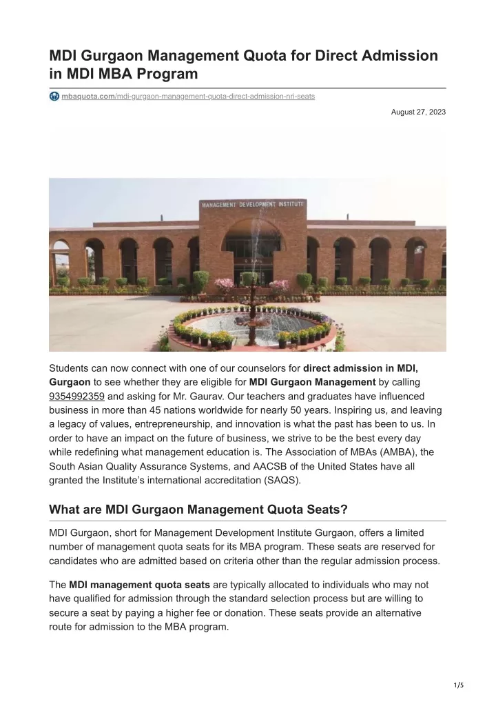 mdi gurgaon management quota for direct admission