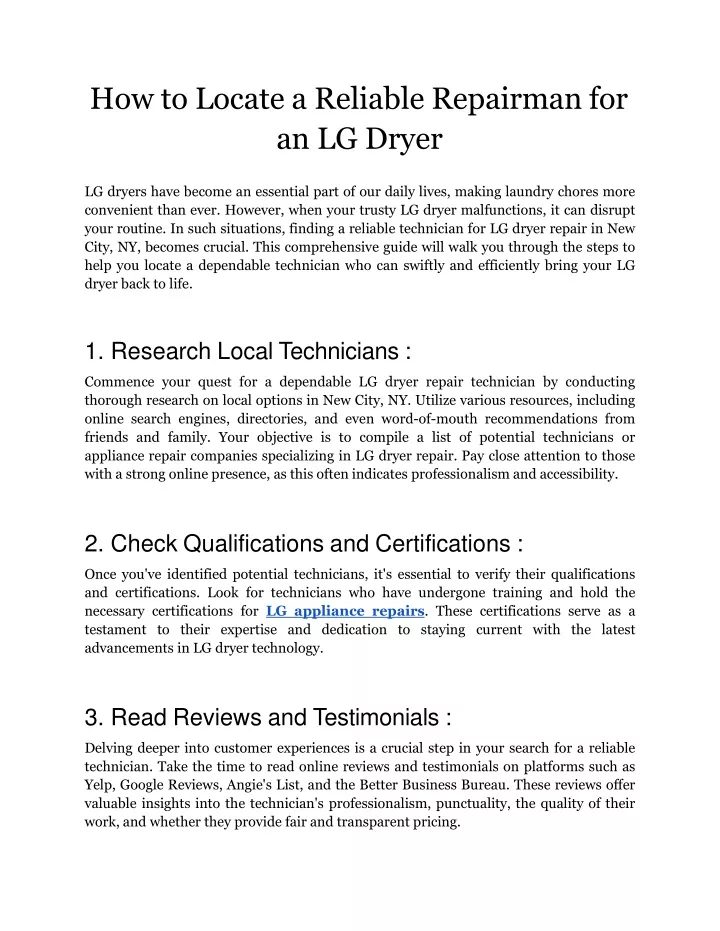 how to locate a reliable repairman for an lg dryer