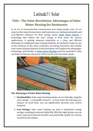 The Solar Revolution: Advantages of Solar Water Heating for Businesses