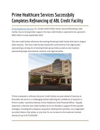 Prime Healthcare Services Successfully Completes Refinancing of ABL Credit Facility
