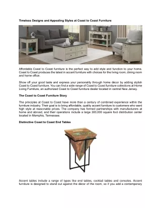 Timeless Designs and Appealing Styles at Coast to Coast Furniture