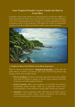 Your Tropical Paradise Awaits Condos for Rent in Costa Rica