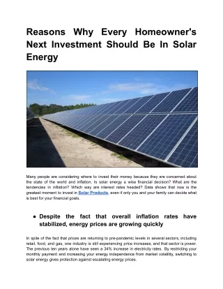 Reasons Why Every Homeowner's Next Investment Should Be In Solar Energy