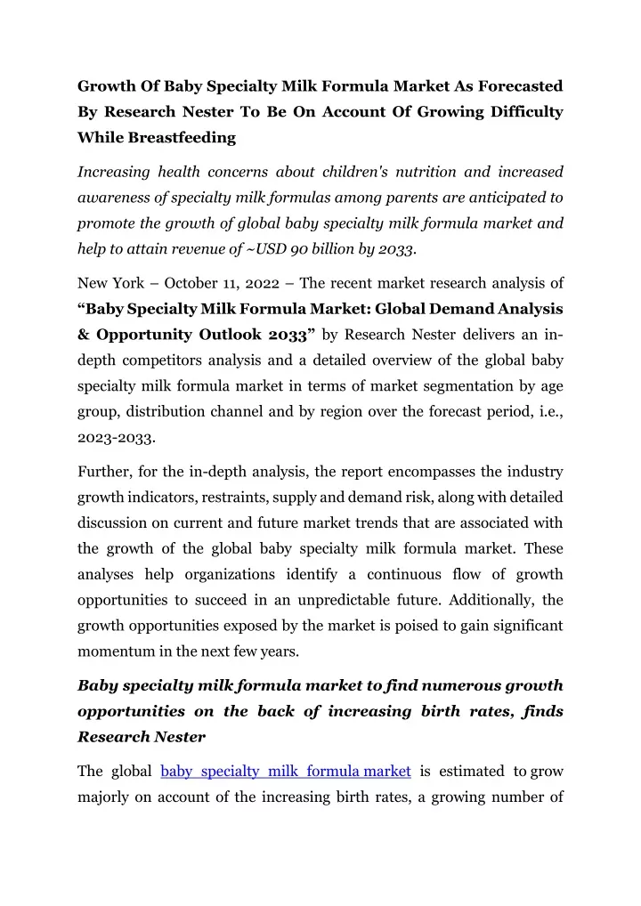 growth of baby specialty milk formula market