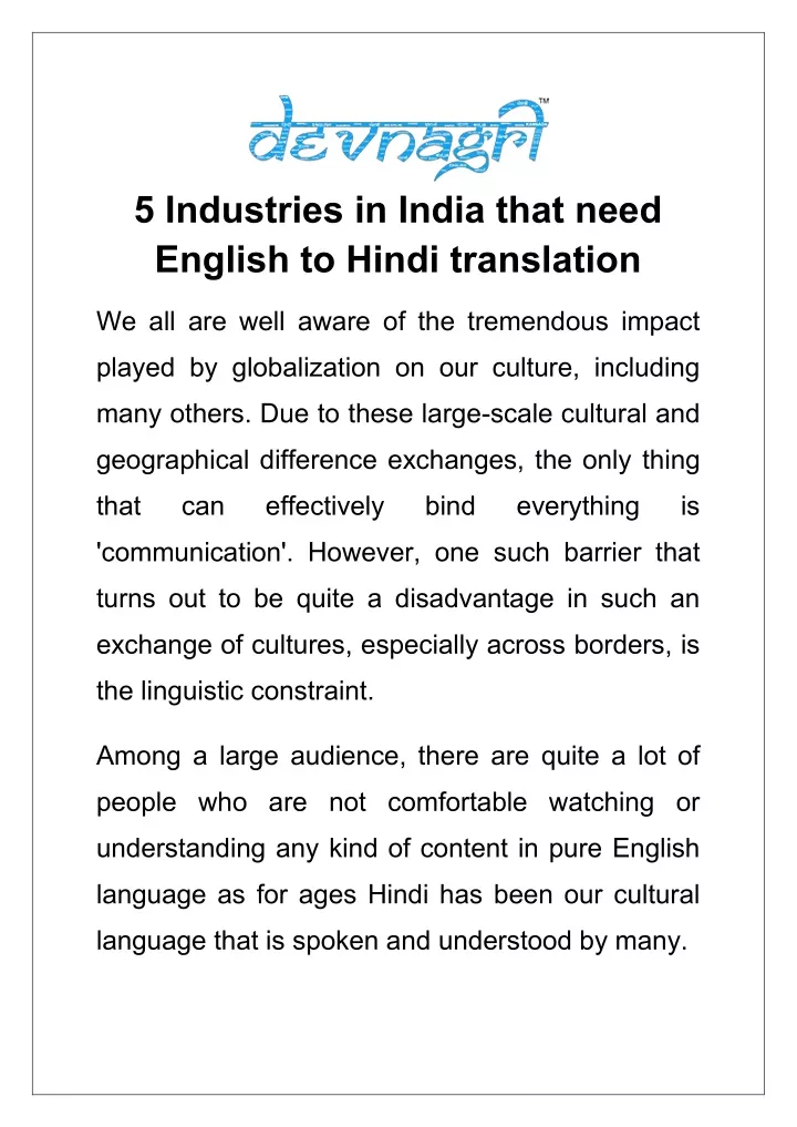 5 industries in india that need english to hindi