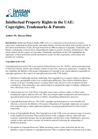 Intellectual Property Rights in the UAE Copyrights, Trademarks & Patents