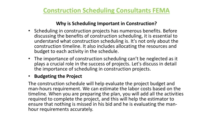 construction scheduling consultants fema