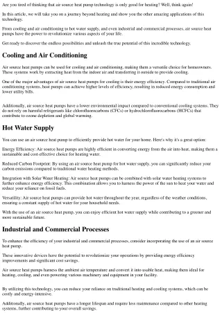 Beyond Heating: Other Applications of Air Source Heat Pump Technology