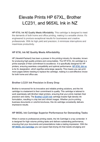 Elevate Prints HP 67XL, Brother LC231, and 965XL Ink in NZ