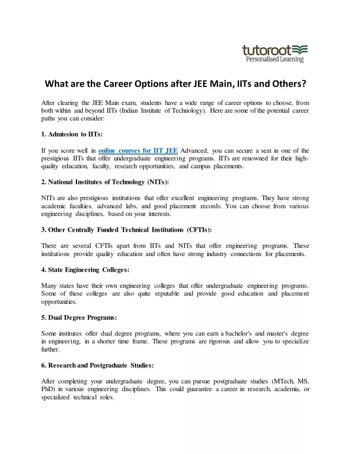 what are the career options after jee main iits