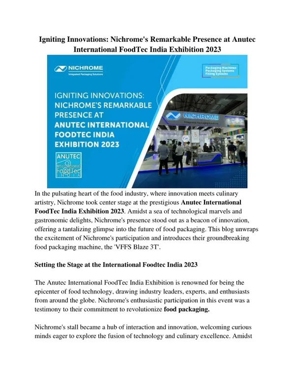 Nichrome's Remarkable Presence at Anutec International FoodTec India Exhibition 2023