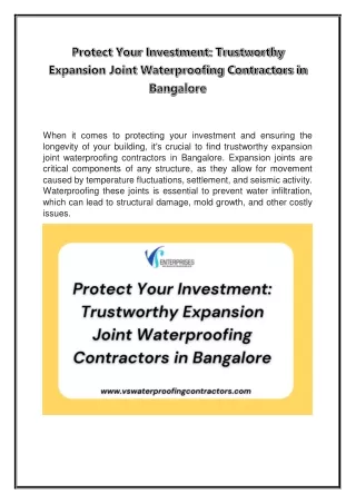Protect Your Investment Trustworthy Expansion Joint Waterproofing Contractors in Bangalore