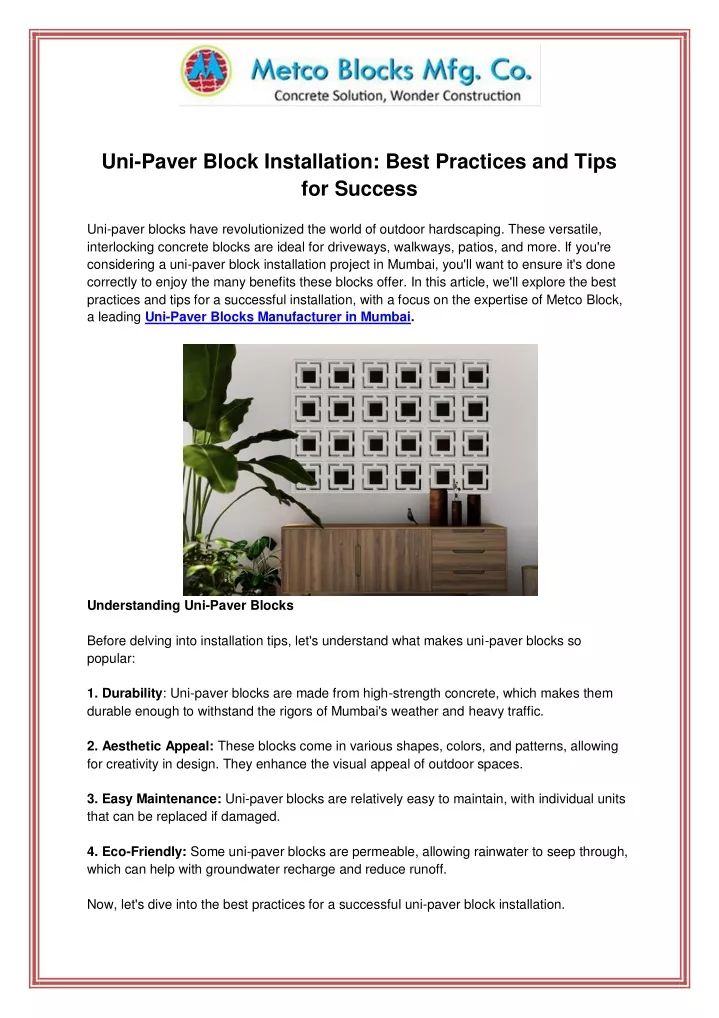 uni paver block installation best practices