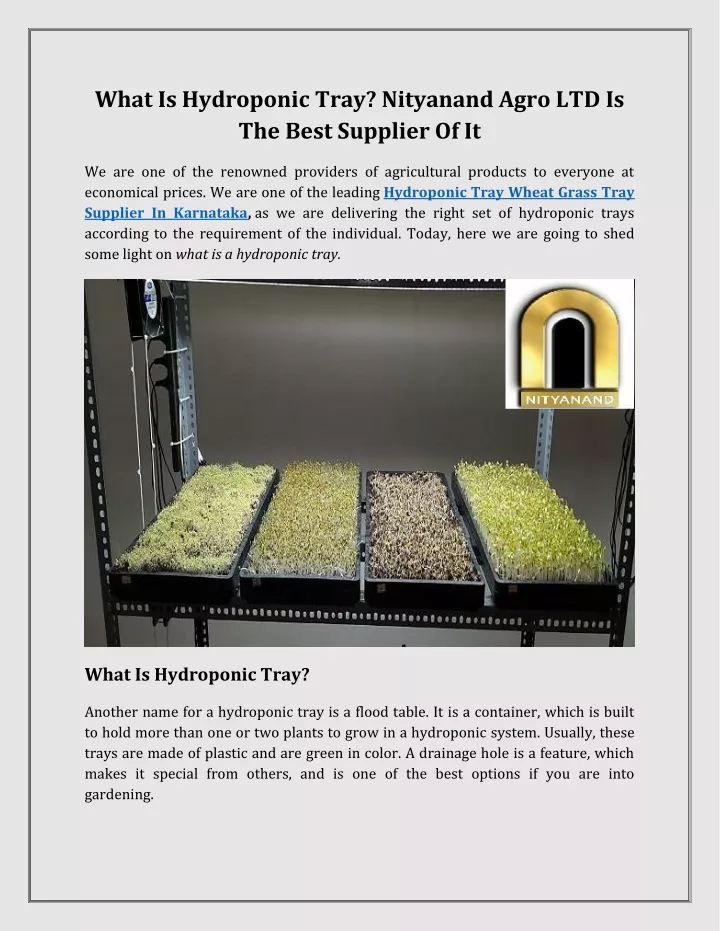 what is hydroponic tray nityanand agro