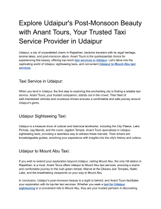 Explore Udaipur's Post-Monsoon Beauty with Anant Tours, Your Trusted Taxi Service Provider in Udaipur