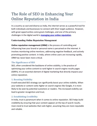 The Role of SEO in Enhancing Your Online Reputation in India