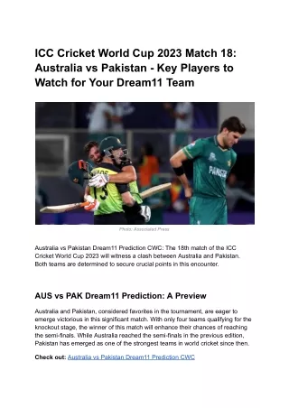 Australia vs Pakistan Dream11 Prediction CWC