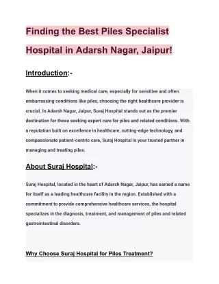 Finding the Best Piles Specialist Hospital in Adarsh Nagar, Jaipur!