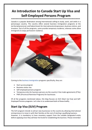 An Introduction to Canada Start Up Visa and Self-Employed Persons Program