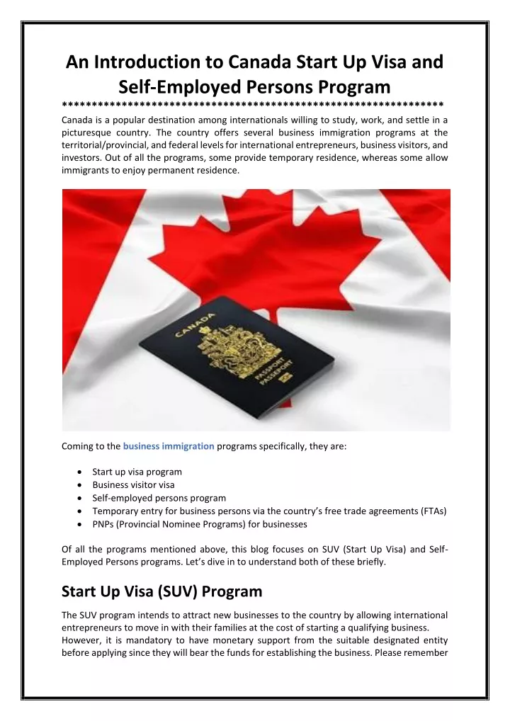 an introduction to canada start up visa and self