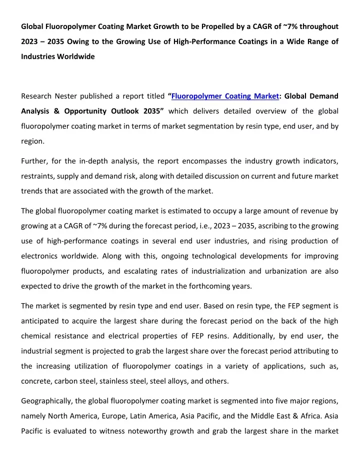 global fluoropolymer coating market growth