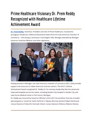 Prime Healthcare Visionary Dr. Prem Reddy Recognized with Healthcare Lifetime Achievement Award