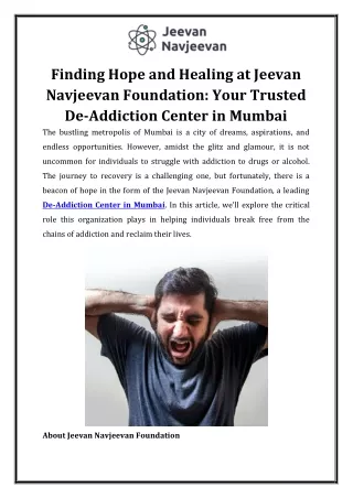 Finding Hope and Healing at Jeevan Navjeevan Foundation Your Trusted De-Addiction Center in Mumbai
