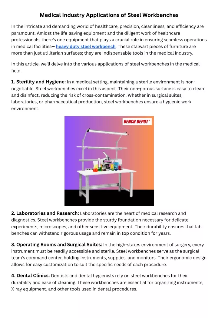 medical industry applications of steel workbenches