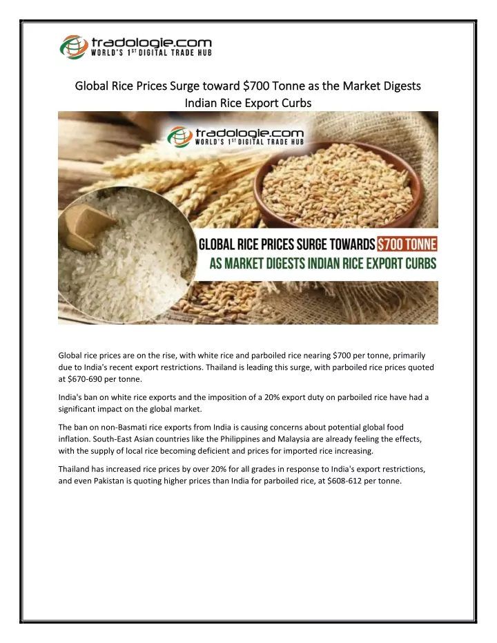 global rice prices surge toward 700 tonne
