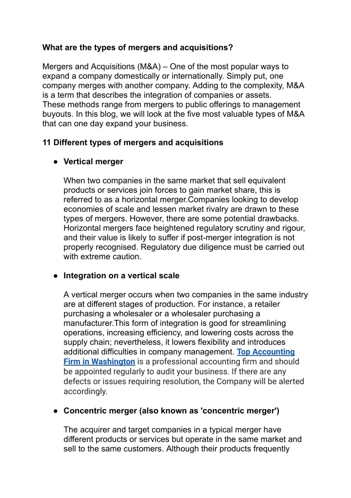 what are the types of mergers and acquisitions