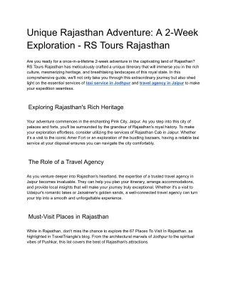 Unique Rajasthan Adventure_ A 2-Week Exploration - RS Tours Rajasthan