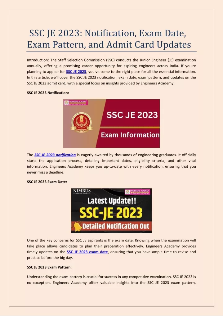 ssc je 2023 notification exam date exam pattern