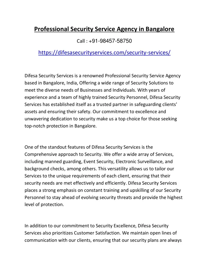 professional security service agency in bangalore