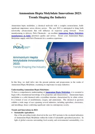 Ammonium Hepta Molybdate Innovations 2023 Trends Shaping the Industry