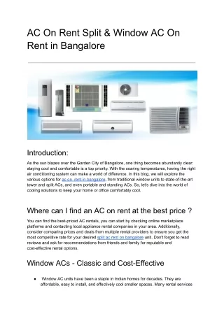 ac on rent split window ac on rent in bangalore