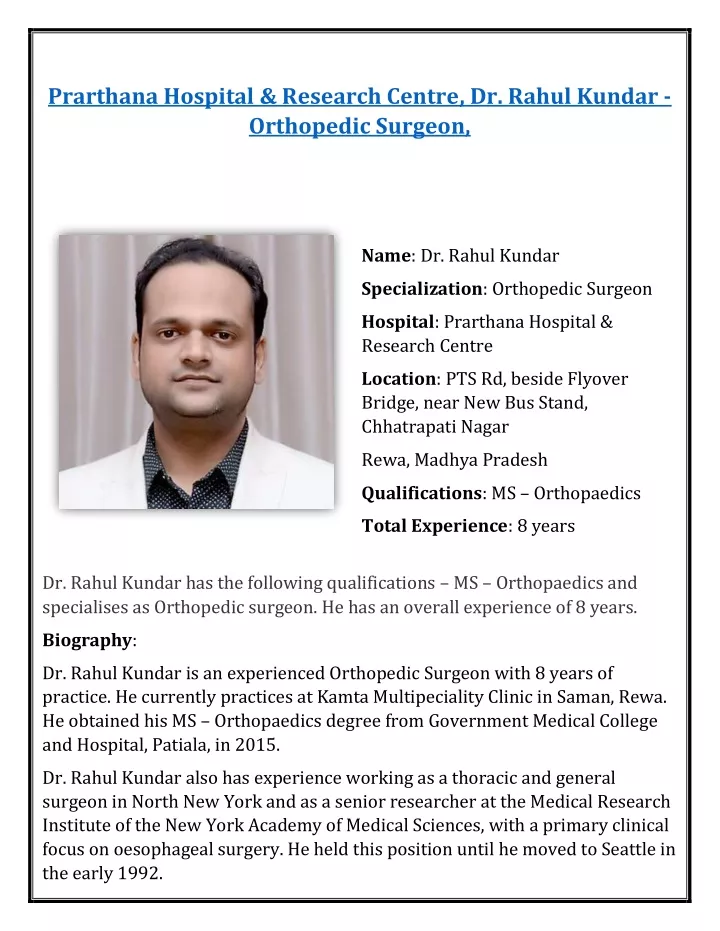 prarthana hospital research centre dr rahul