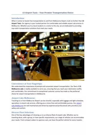 13 Airport Taxis – Your Premier Transportation Choice