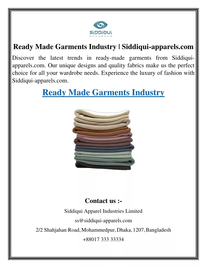 ready made garments industry siddiqui apparels com