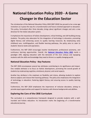 National Education Policy 2020 - A Game Changer in the Education Sector
