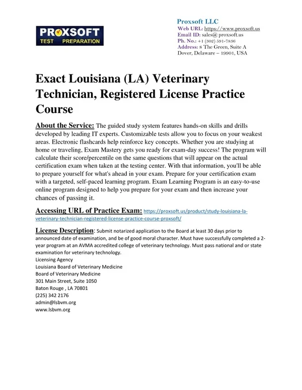 Exact Louisiana (LA) Veterinary Technician, Registered License Practice Course