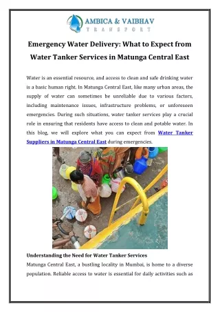 Emergency Water Delivery What to Expect from Water Tanker Services in Matunga Central East