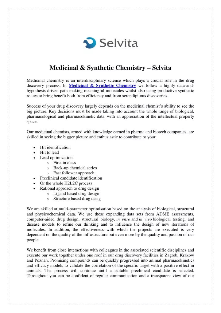 medicinal synthetic chemistry selvita