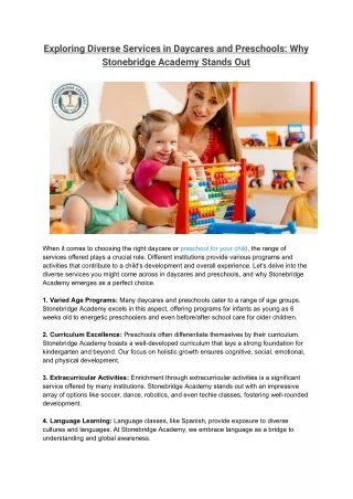 Exploring Diverse Services in Daycares and Preschools Why Stonebridge Academy Stands Out