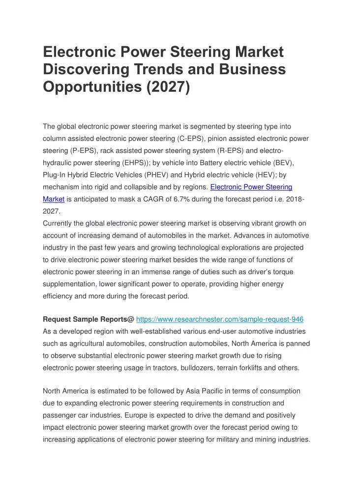 electronic power steering market discovering